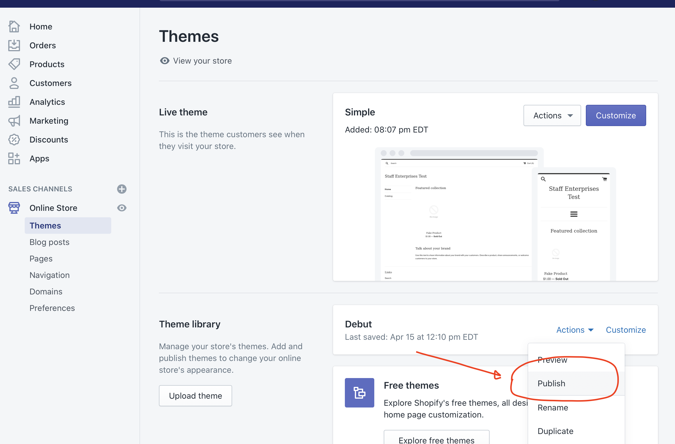 Image of publishing your online store’s Shopify theme