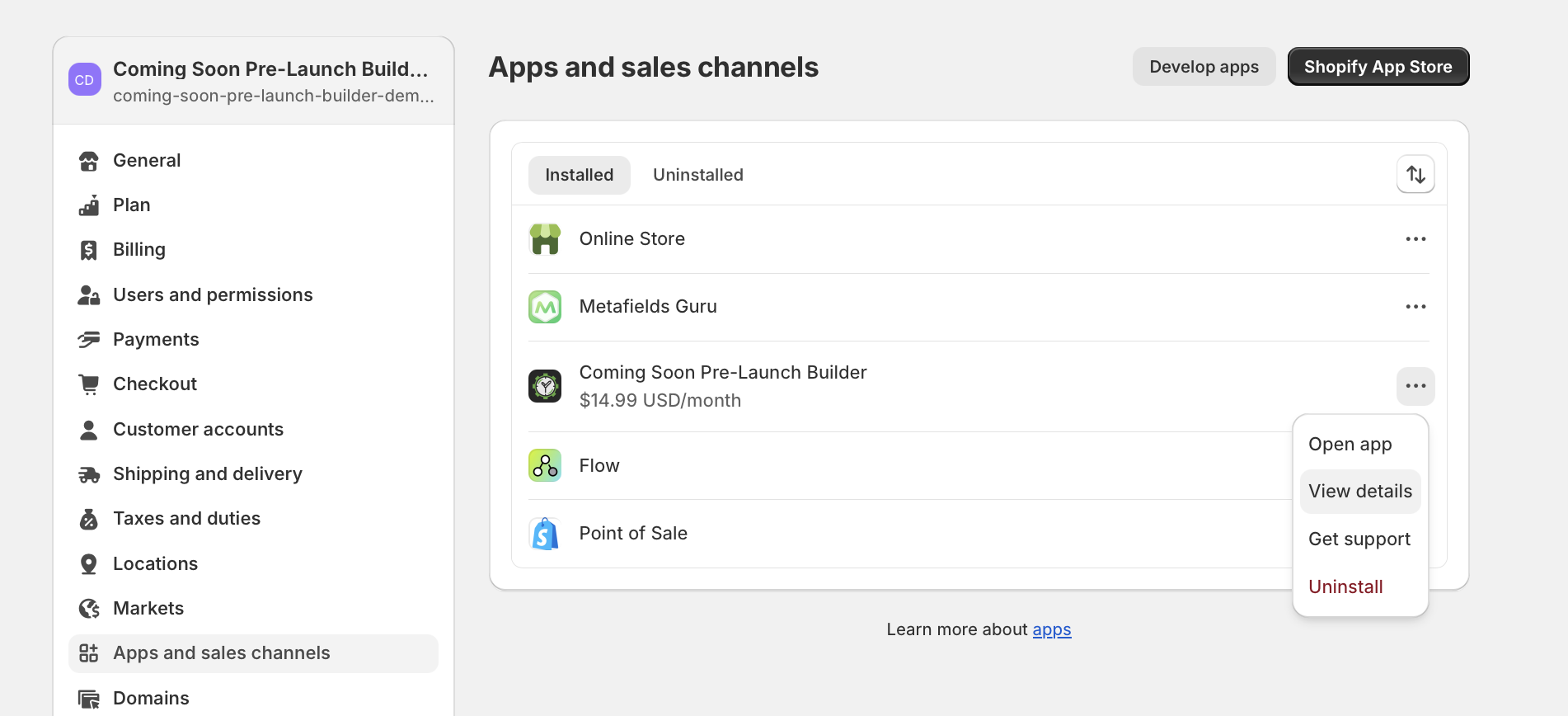 Apps and sales channels settings