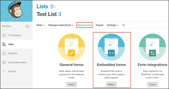 Image of Mailchimp list signup forms